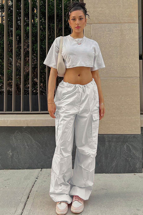 Solid Color High Waist Cargo Pants