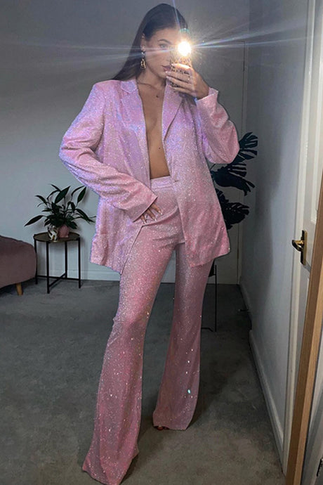 Solid Color Sequins Blazer Three-Piece Set