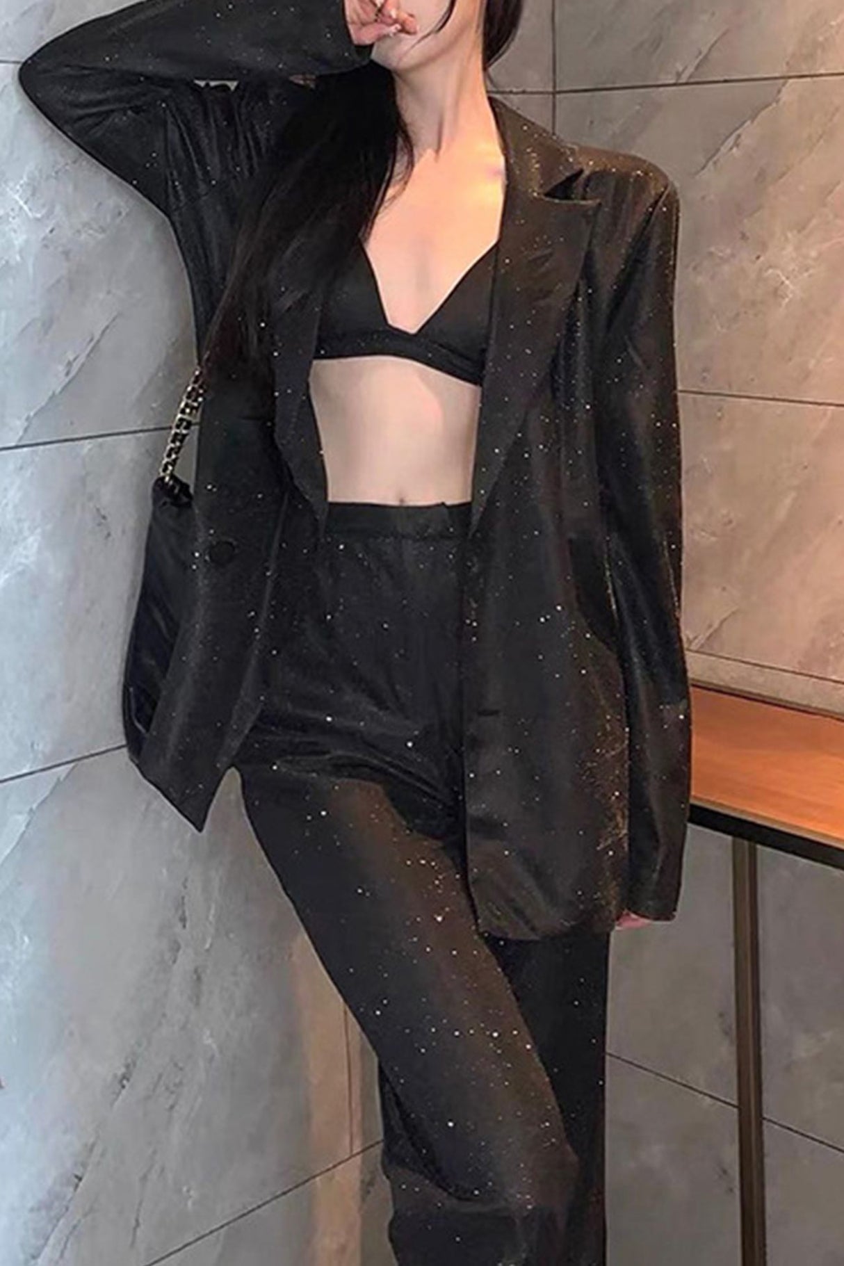 Solid Color Sequins Blazer Three-Piece Set
