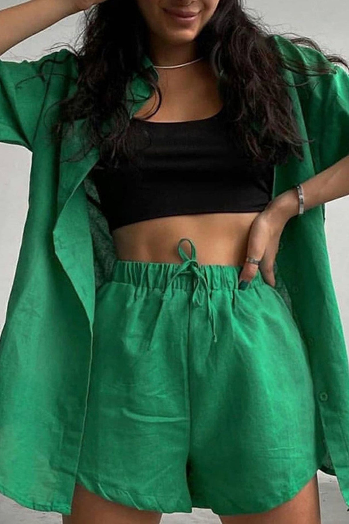 Solid Short Sleeve Shirt Drawstring Shorts Suits