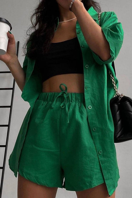 Solid Short Sleeve Shirt Drawstring Shorts Suits