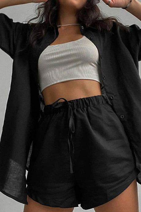 Solid Short Sleeve Shirt Drawstring Shorts Suits