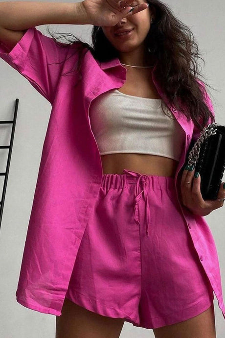 Solid Short Sleeve Shirt Drawstring Shorts Suits