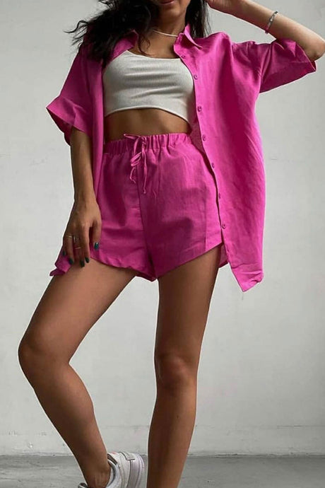 Solid Short Sleeve Shirt Drawstring Shorts Suits