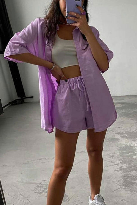 Solid Short Sleeve Shirt Drawstring Shorts Suits