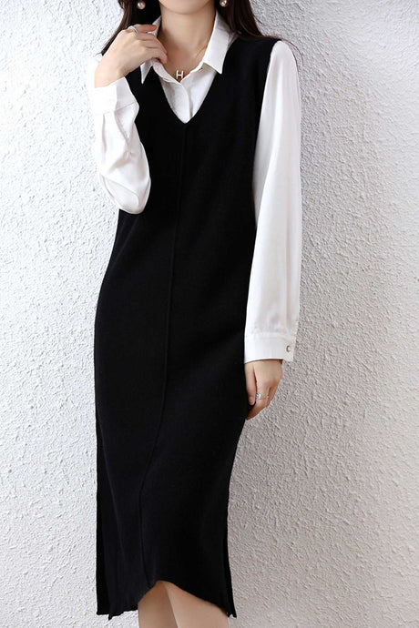 V Neck Solid Color Wool Tank Dress