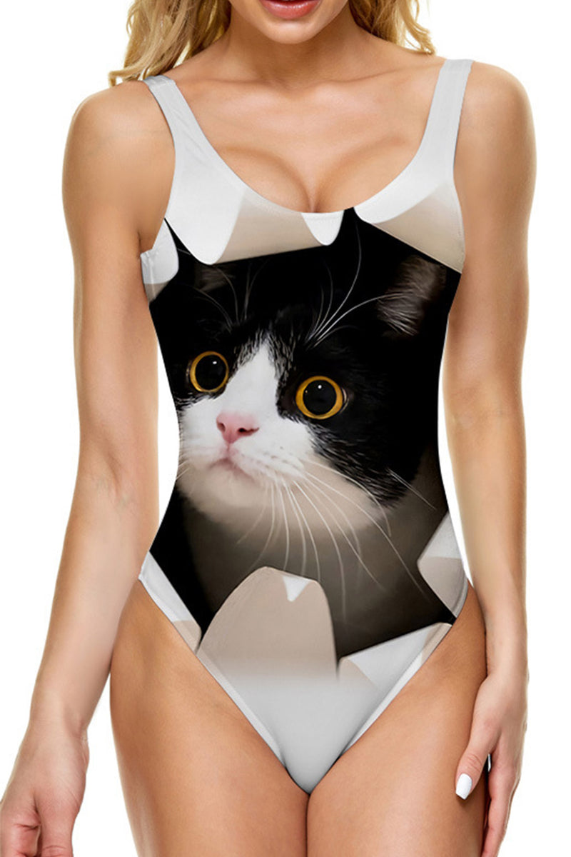 Watching You Cat Print One Piece Swimsuit AROLORA