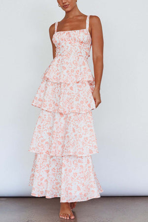 Arolora Floral Print Tie-up Tiered Midi Dress