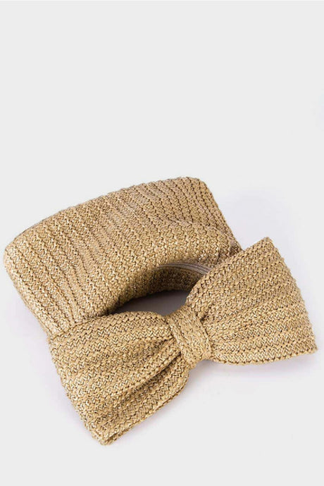 Arolora Bow Hand Made Straw Woven Clutch