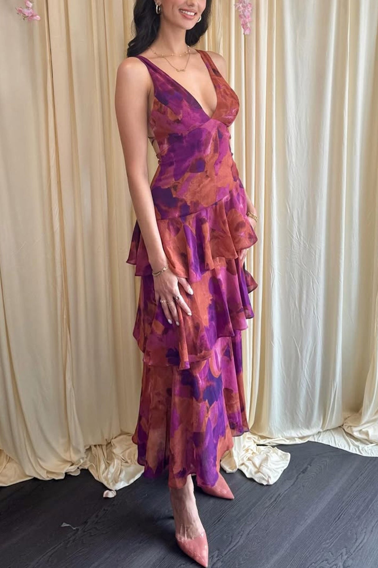 Arolora Floral Print Tie-up Back Chiffon Tiered Dress