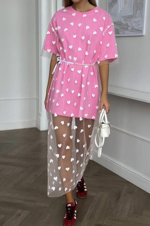 Arolora Heart Print Mesh Patchwork T-shirt Dress
