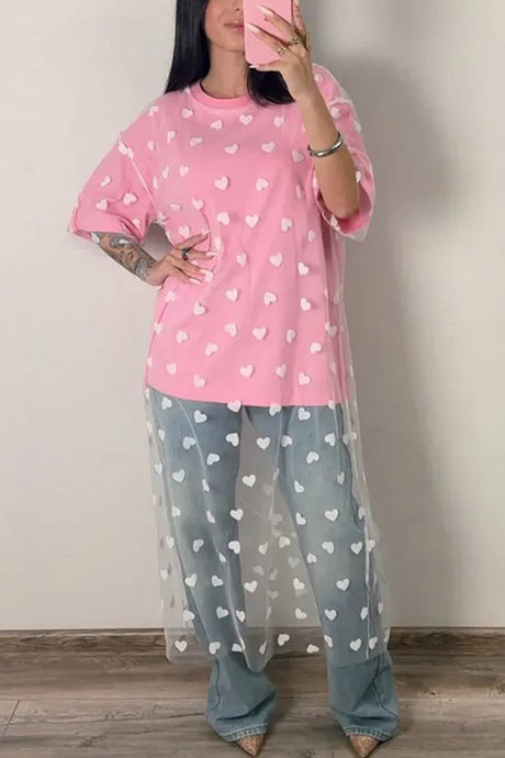 Arolora Heart Print Mesh Patchwork T-shirt Dress