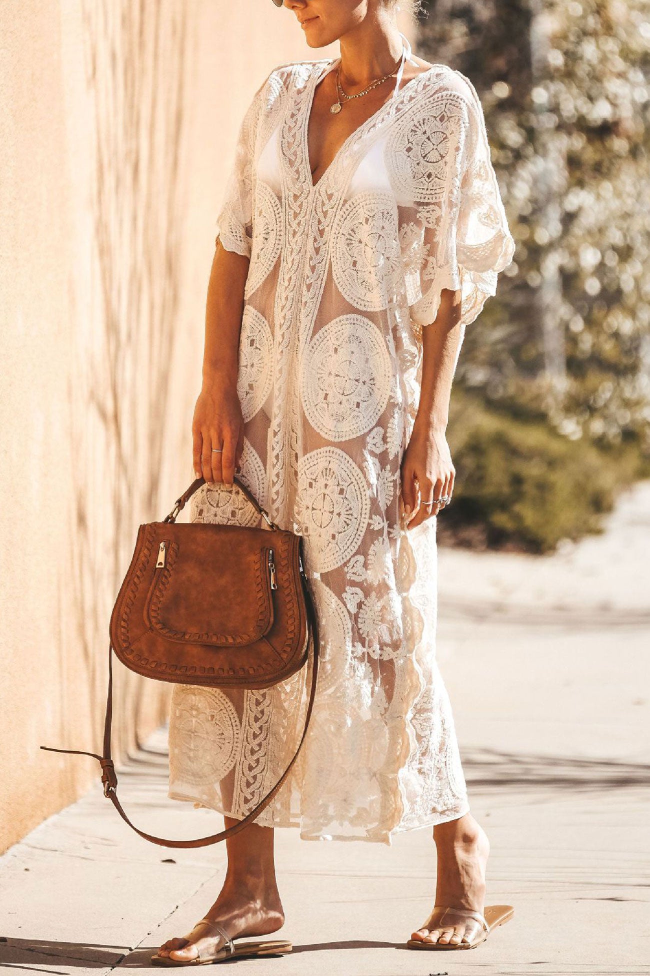 Arolora V-Neck Lace Embroidery Cover-up Dress