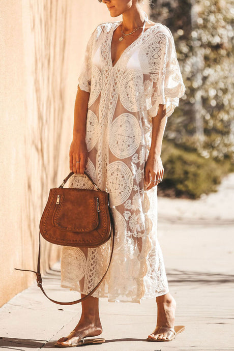 Arolora V-Neck Lace Embroidery Cover-up Dress