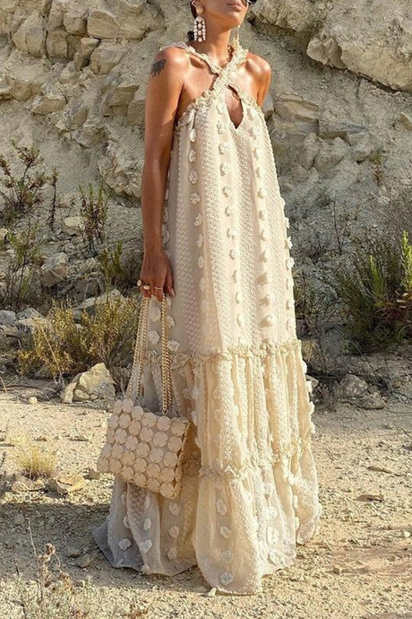 Arolora 3D Floral Criss-cross Halterneck Maxi Dress