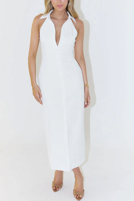 Arolora Lapel Sleeveless Single-breasted Midi Dress