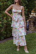 Arolora Floral Print Tie-up Tiered Midi Dress