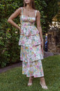 Arolora Floral Print Tie-up Tiered Midi Dress