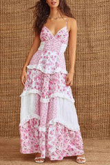 Arolora Floral Print Lace Patchwork Cami Dress