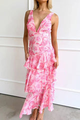 Arolora Floral Print Tie-up Back Chiffon Tiered Dress