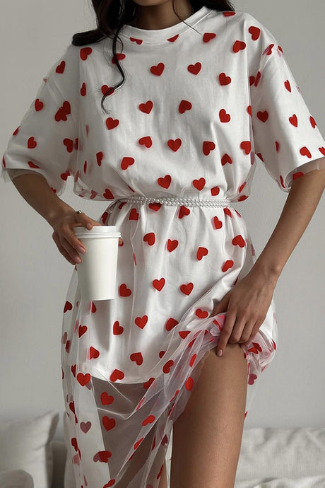 Arolora Heart Print Mesh Patchwork T-shirt Dress