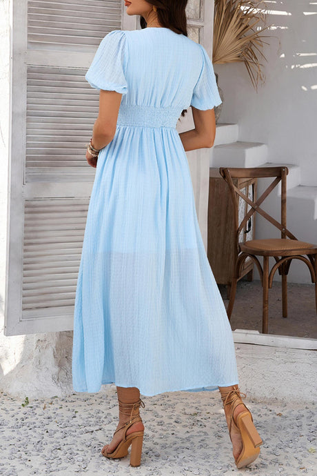 Arolora Puff Sleeve Single Breasted Slit Dress