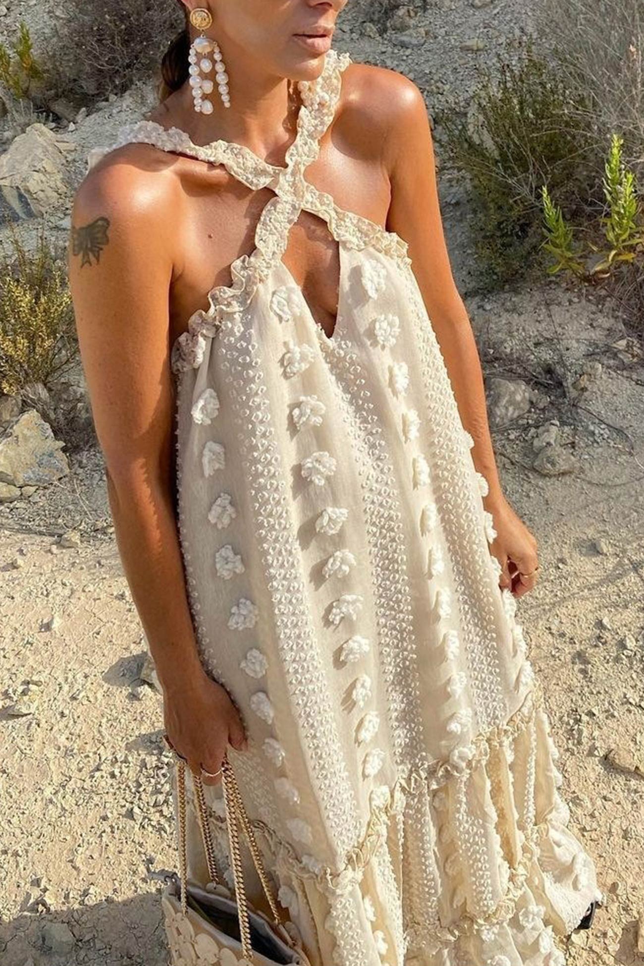 Arolora 3D Floral Criss-cross Halterneck Maxi Dress