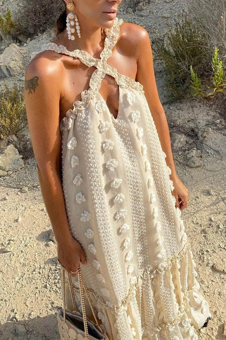 Arolora 3D Floral Criss-cross Halterneck Maxi Dress
