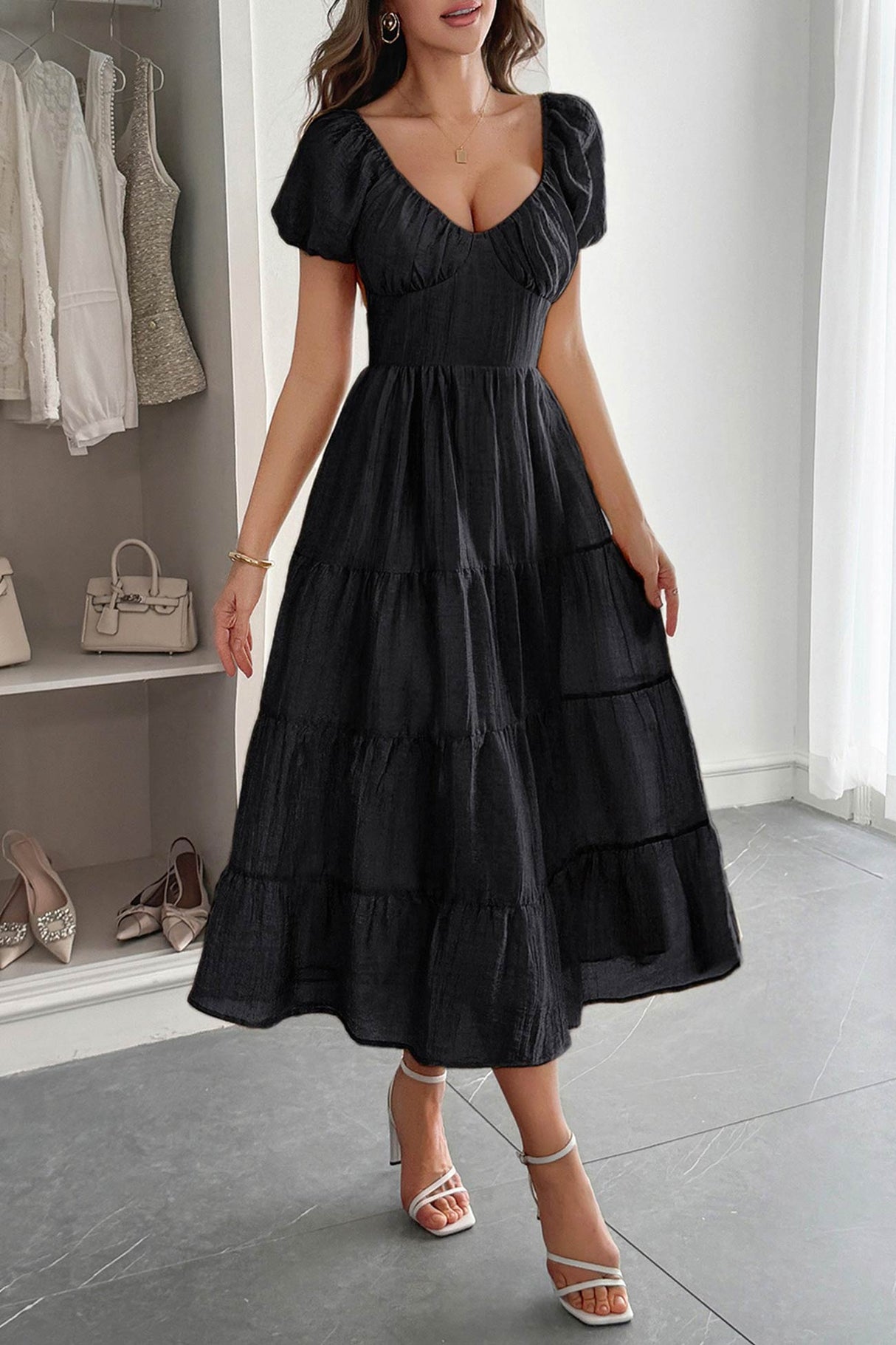 Arolora Low Cut Puff Sleeve Backless Tiered Dress
