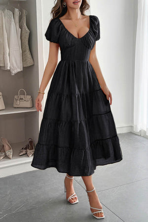 Arolora Low Cut Puff Sleeve Backless Tiered Dress