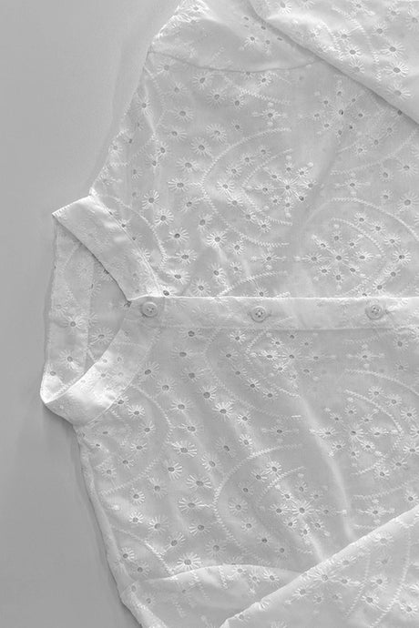 Arolora Hollow-out Jacquard Blouse Tiered Shorts Set