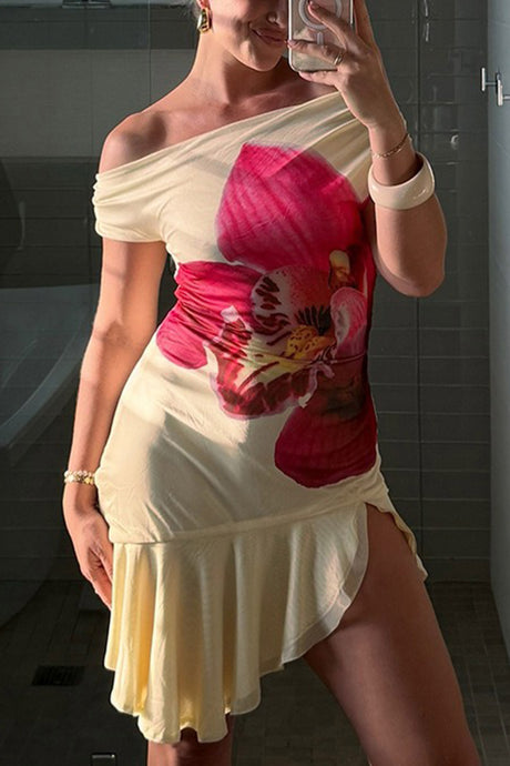 Arolora Floral Slop Shoulder Ruffle Mini Dress