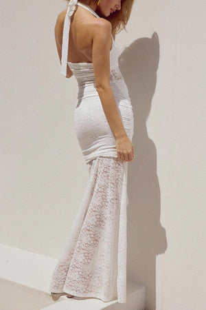 Halterneck Lace Patchwork Ruched Dress