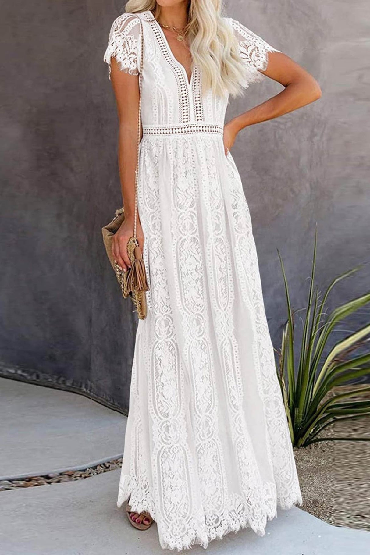 V Neck Lace Embroidery Maxi Dress