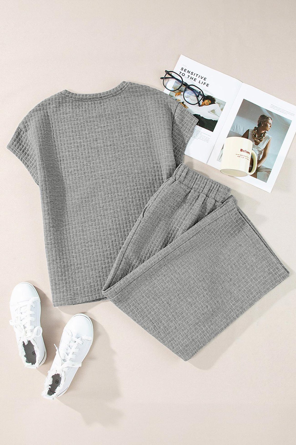Solid Color Lattice Texture T-shirt Pants Set