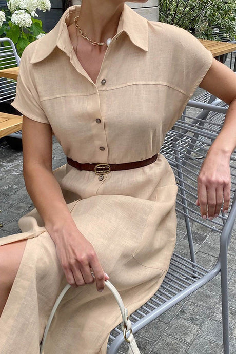 Button-down Strappy Cotton Linen Shirt Dress