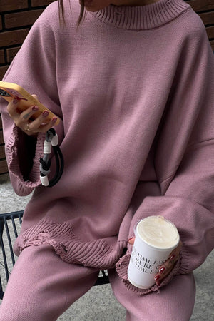 Raw Edge Crew Neck Sweater Set