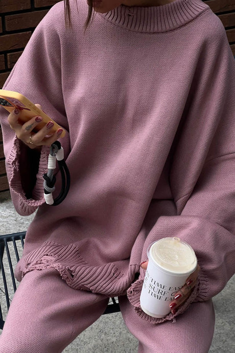 Raw Edge Crew Neck Sweater Set