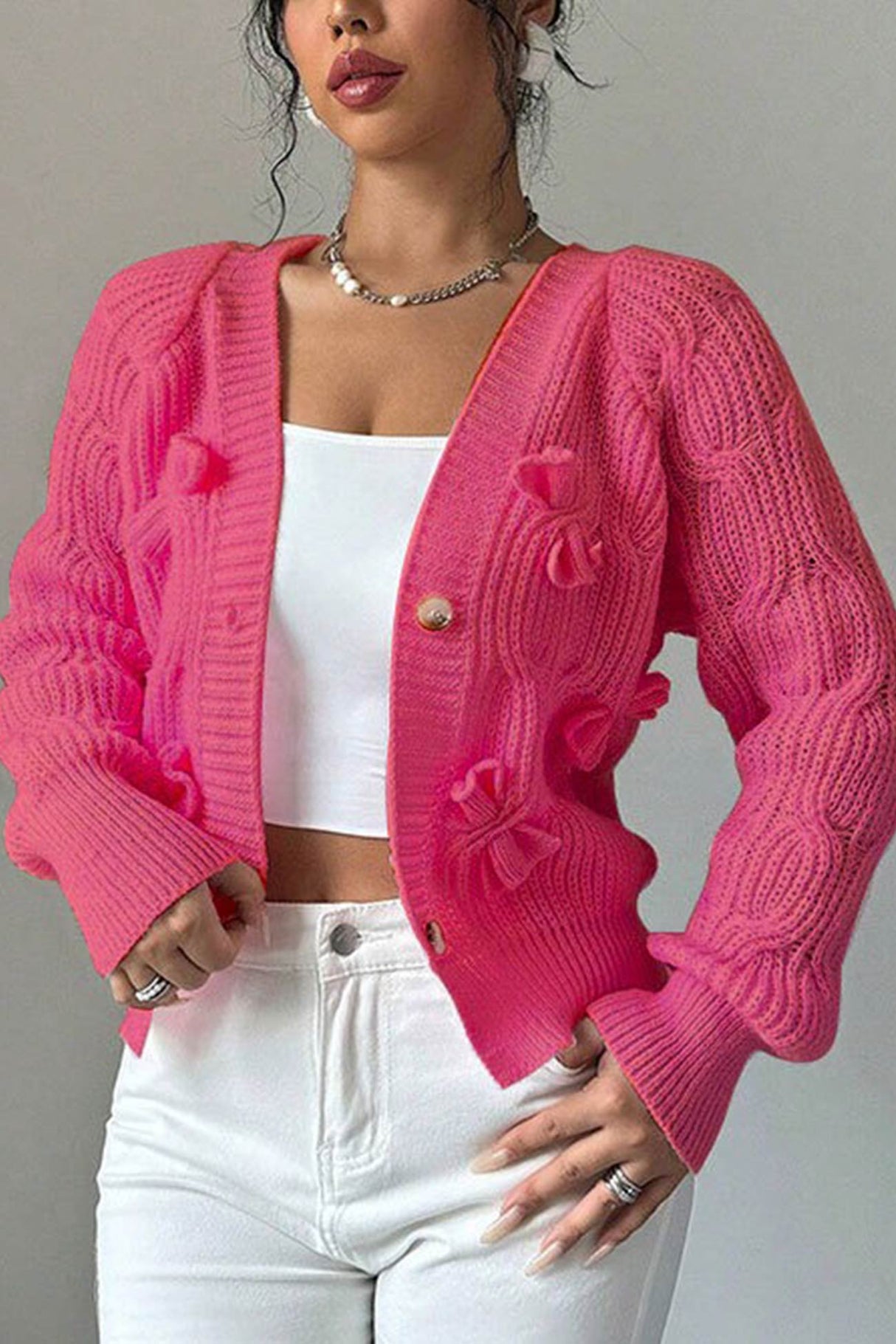 Bow Lantern Sleeve Button-down Cardigan