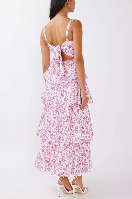 Arolora Floral Print Tie-up Tiered Midi Dress