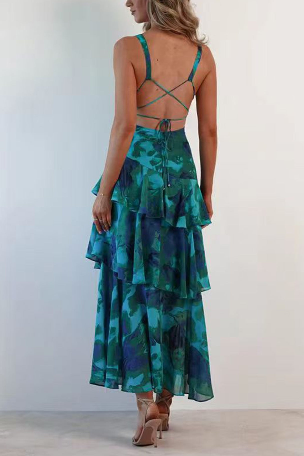 Arolora Floral Print Tie-up Back Chiffon Tiered Dress