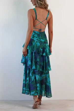 Arolora Floral Print Tie-up Back Chiffon Tiered Dress