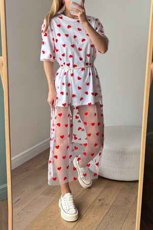 Arolora Heart Print Mesh Patchwork T-shirt Dress