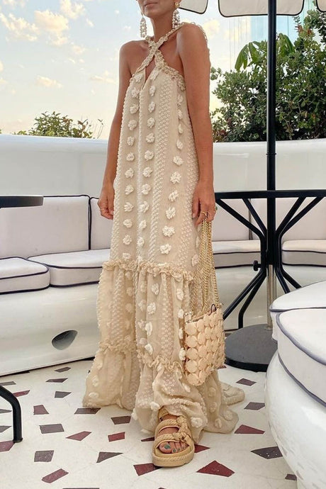 Arolora 3D Floral Criss-cross Halterneck Maxi Dress