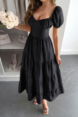 Arolora Low Cut Puff Sleeve Backless Tiered Dress
