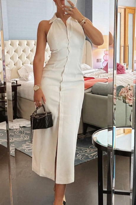 Arolora Lapel Sleeveless Single-breasted Midi Dress