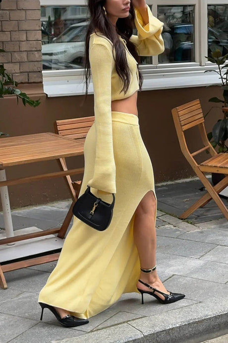 Tie-up Flare Sleeve Cardigan Knitted Skirt Set