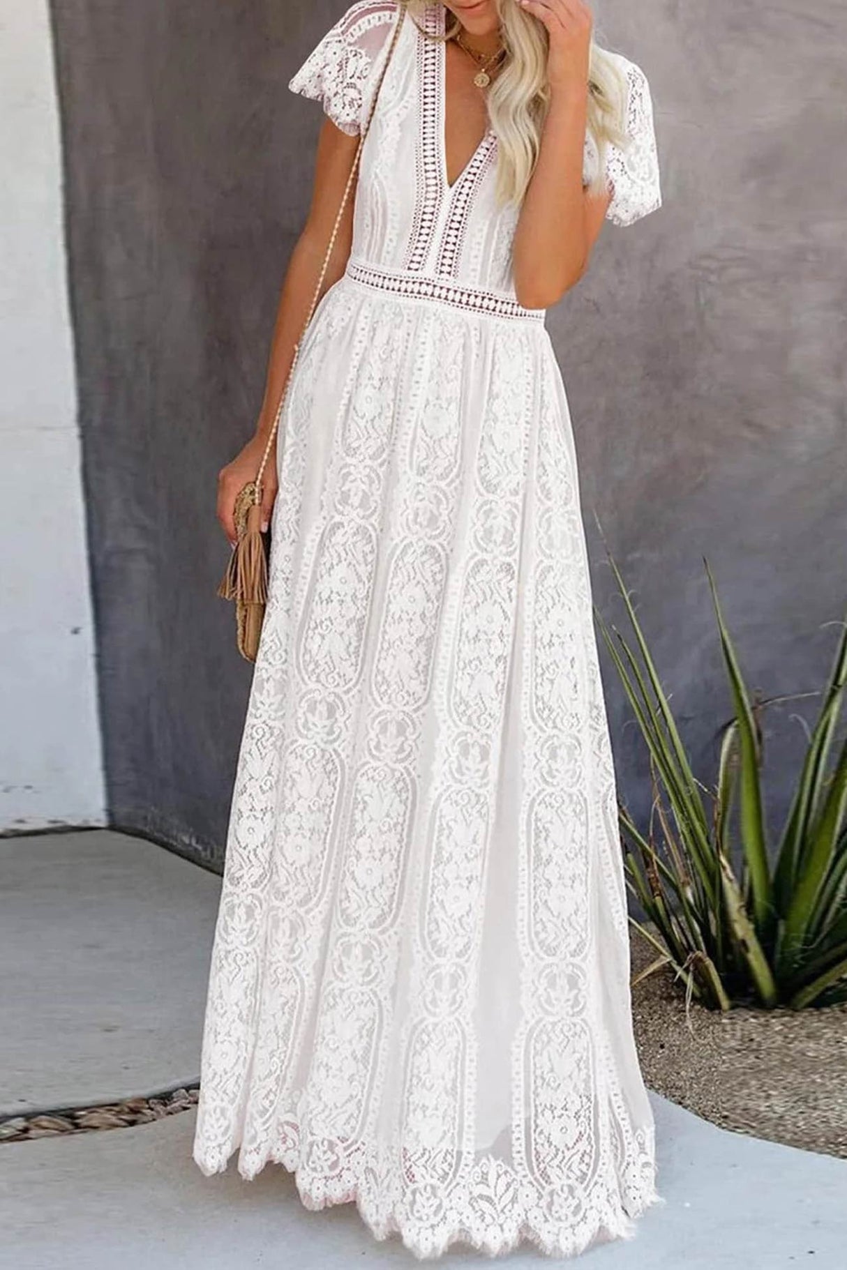 V Neck Lace Embroidery Maxi Dress