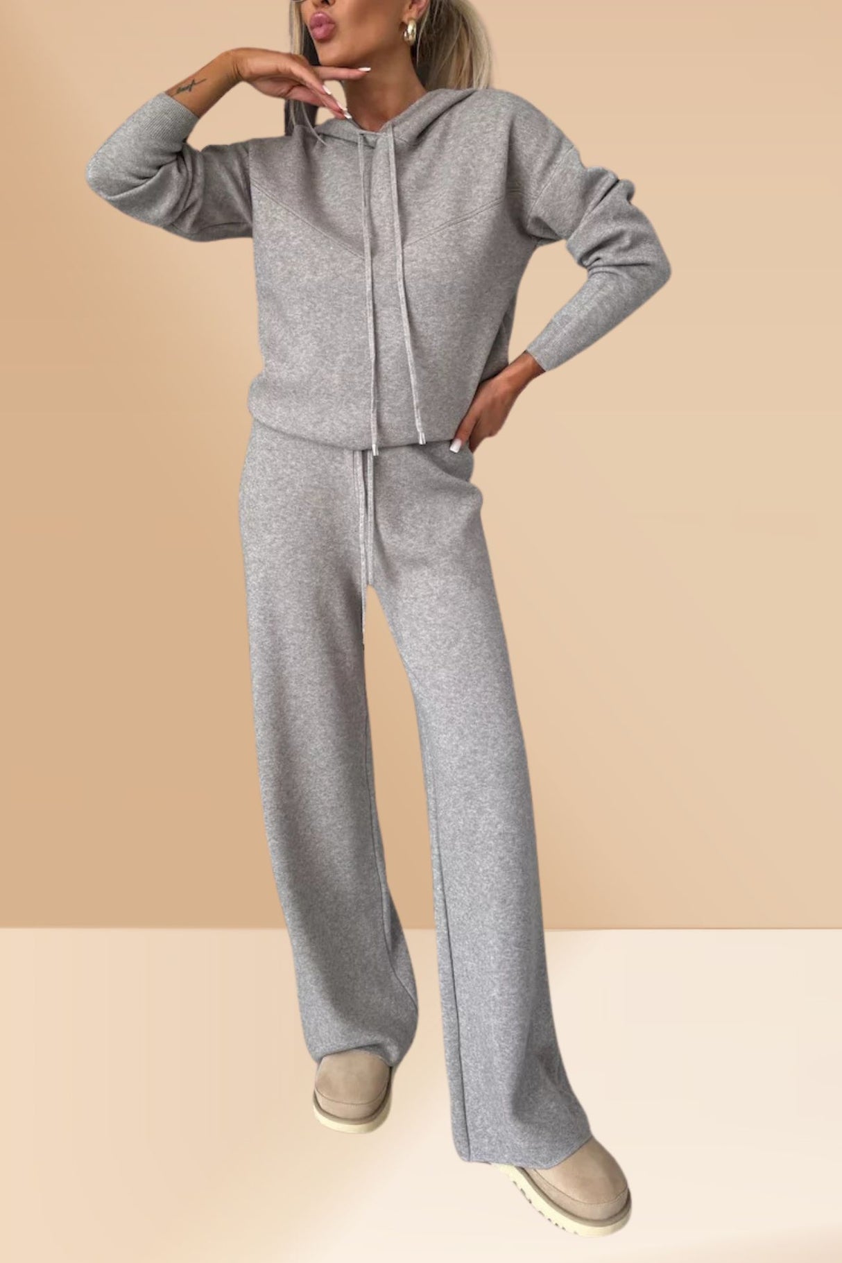 Solid Color Hooded Sweatshirt Wide-leg Outfit Set