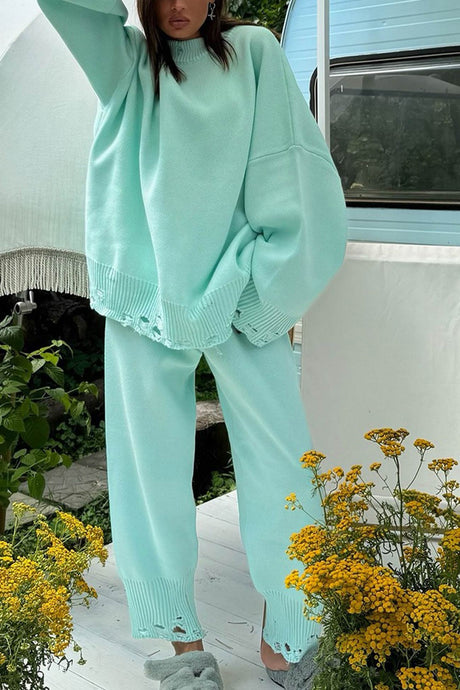Raw Edge Crew Neck Sweater Set